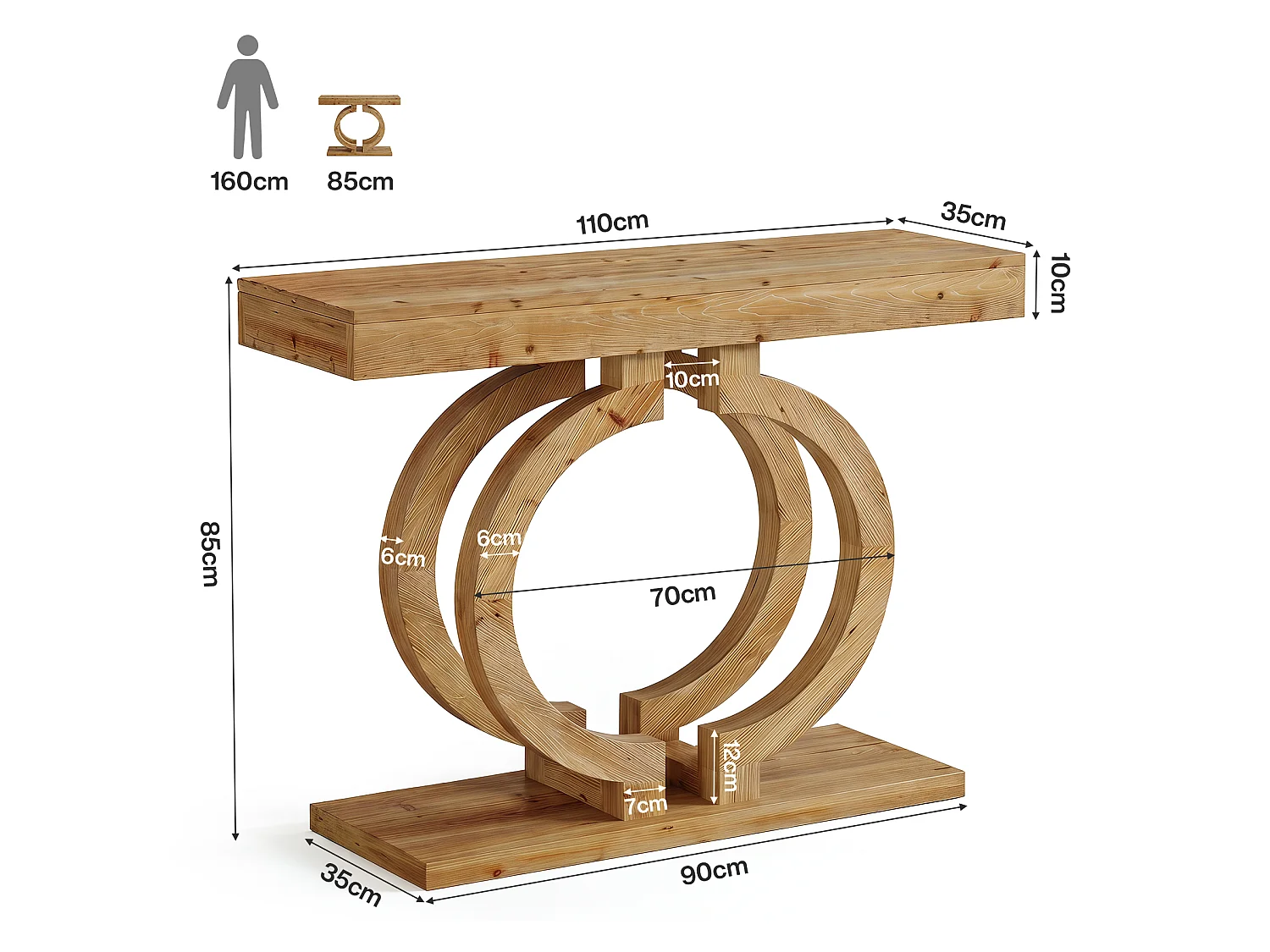 Console en bois massif, table d'entrée de 110 cm en bois naturel avec piètement artistique à double cercle