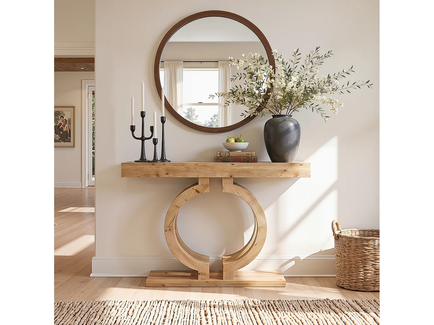 Console en bois massif, table d'entrée de 110 cm en bois naturel avec piètement artistique à double cercle