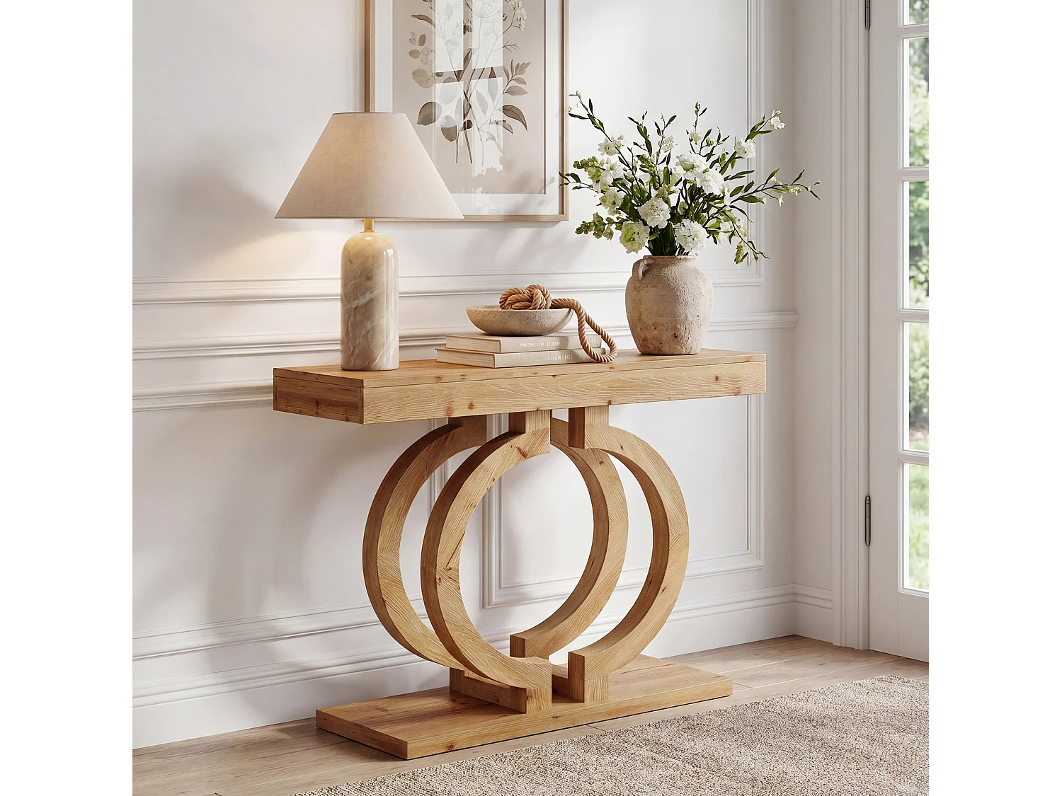 Console en bois massif, table d'entrée de 110 cm en bois naturel avec piètement artistique à double cercle