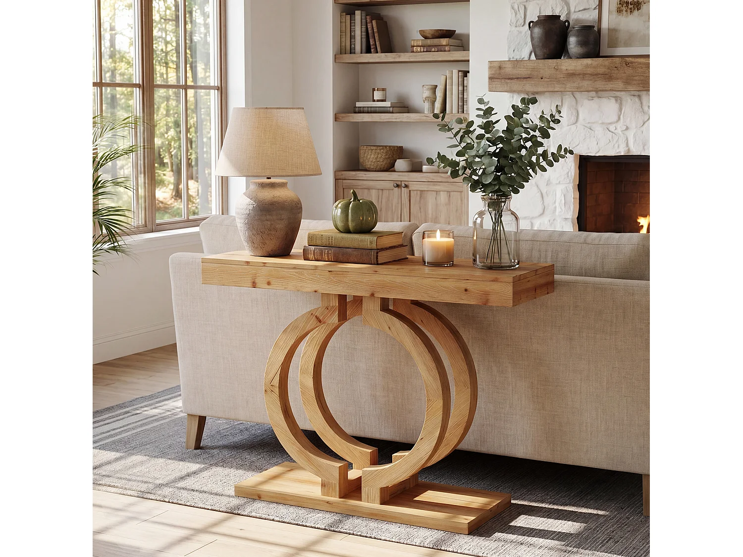 Console en bois massif, table d'entrée de 110 cm en bois naturel avec piètement artistique à double cercle