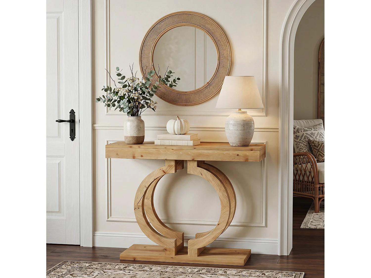 Console en bois massif, table d'entrée de 110 cm en bois naturel avec piètement artistique à double cercle