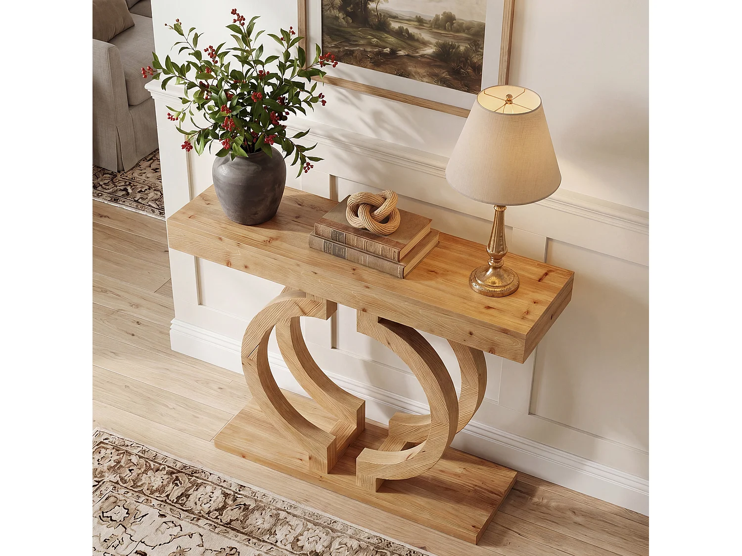 Console en bois massif, table d'entrée de 110 cm en bois naturel avec piètement artistique à double cercle