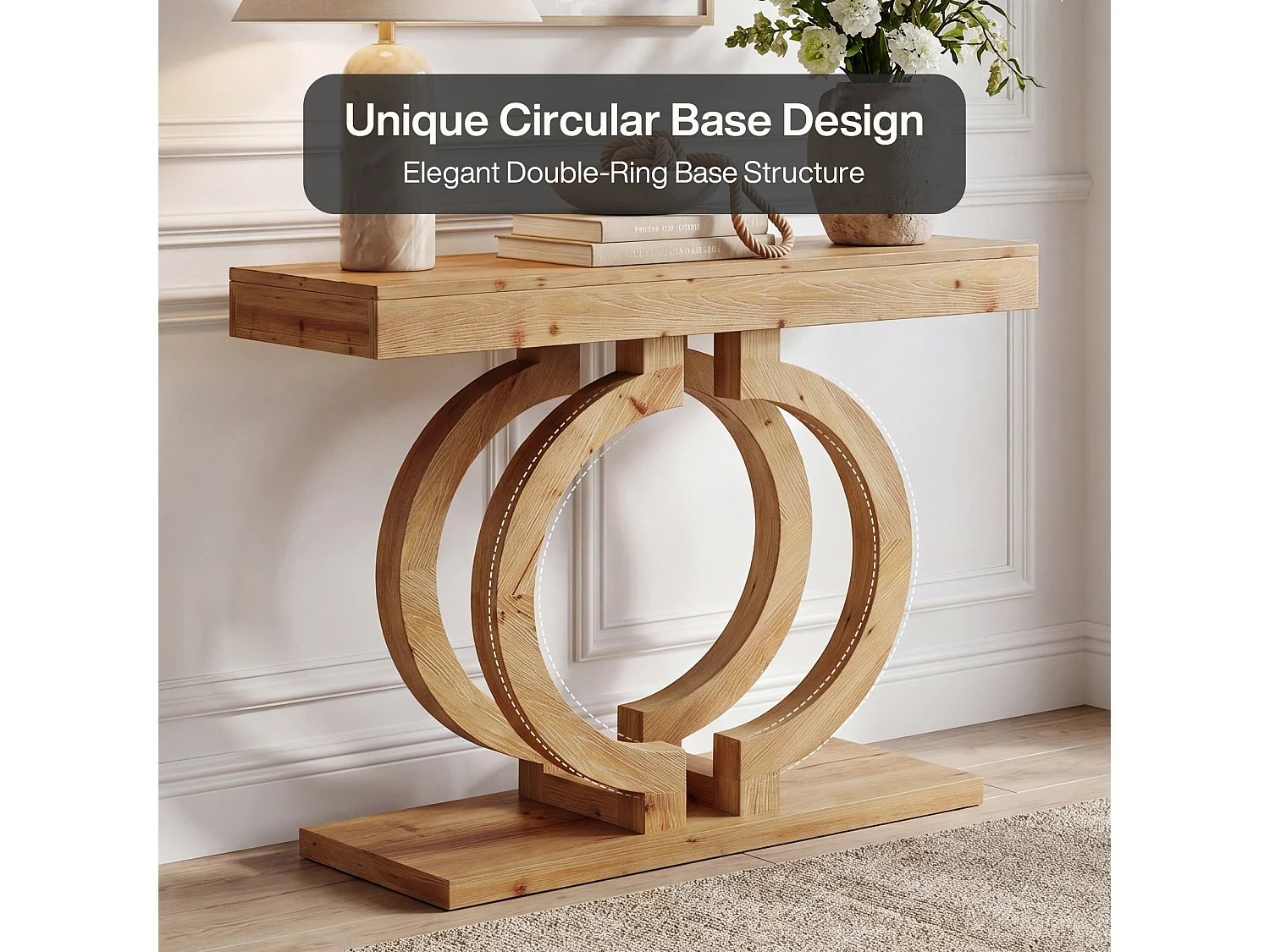 Console en bois massif, table d'entrée de 110 cm en bois naturel avec piètement artistique à double cercle