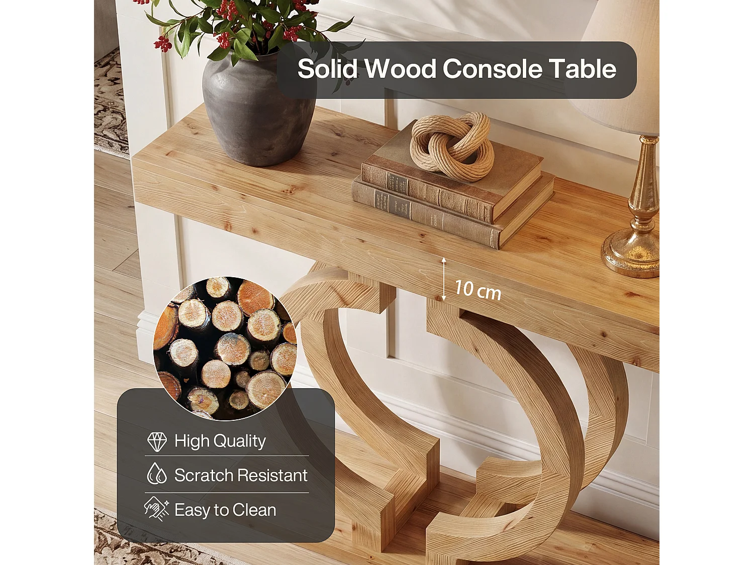Console en bois massif, table d'entrée de 110 cm en bois naturel avec piètement artistique à double cercle
