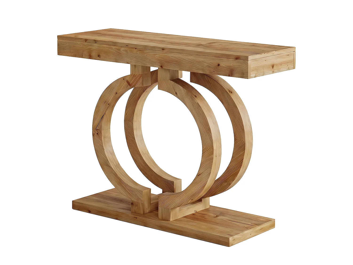 Console en bois massif, table d'entrée de 110 cm en bois naturel avec piètement artistique à double cercle