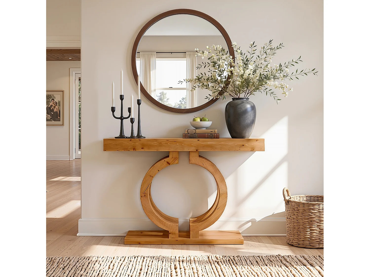 Mesa de Consola de Madeira Sólida, Mesa de Entrada de Madeira Natural de 110cm com Base Artística de Círculo Duplo