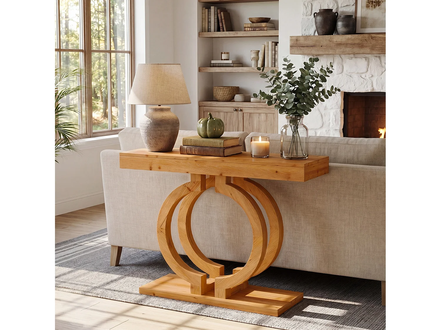 Mesa de Consola de Madeira Sólida, Mesa de Entrada de Madeira Natural de 110cm com Base Artística de Círculo Duplo