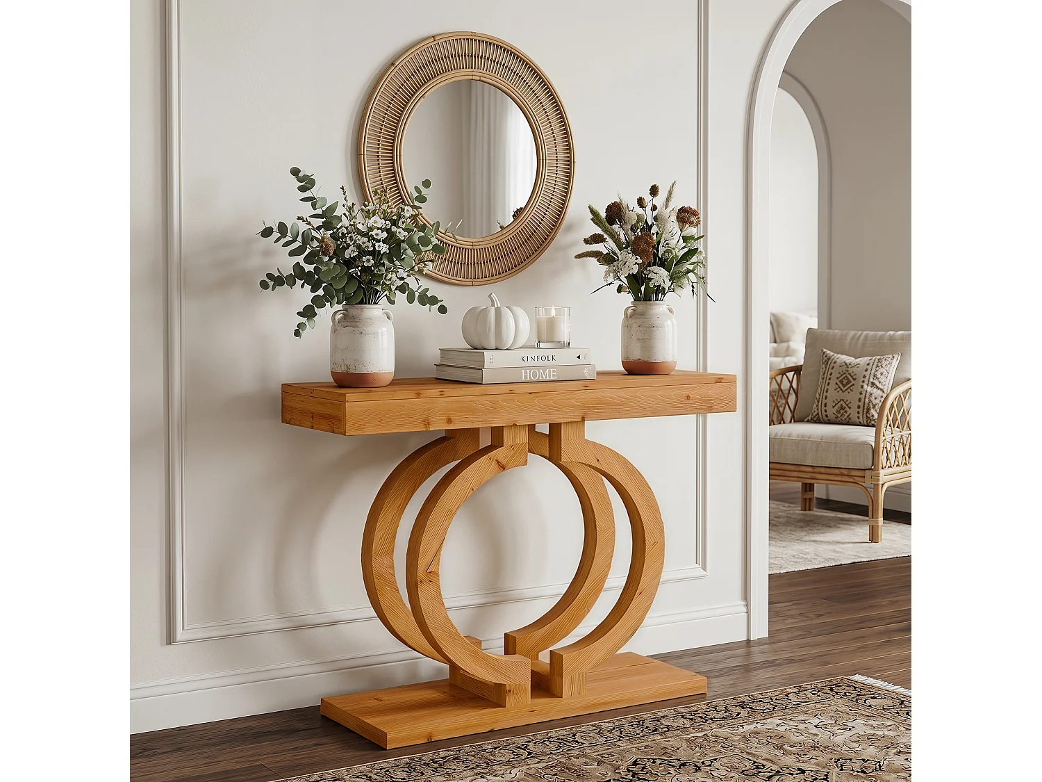 Mesa de Consola de Madeira Sólida, Mesa de Entrada de Madeira Natural de 110cm com Base Artística de Círculo Duplo