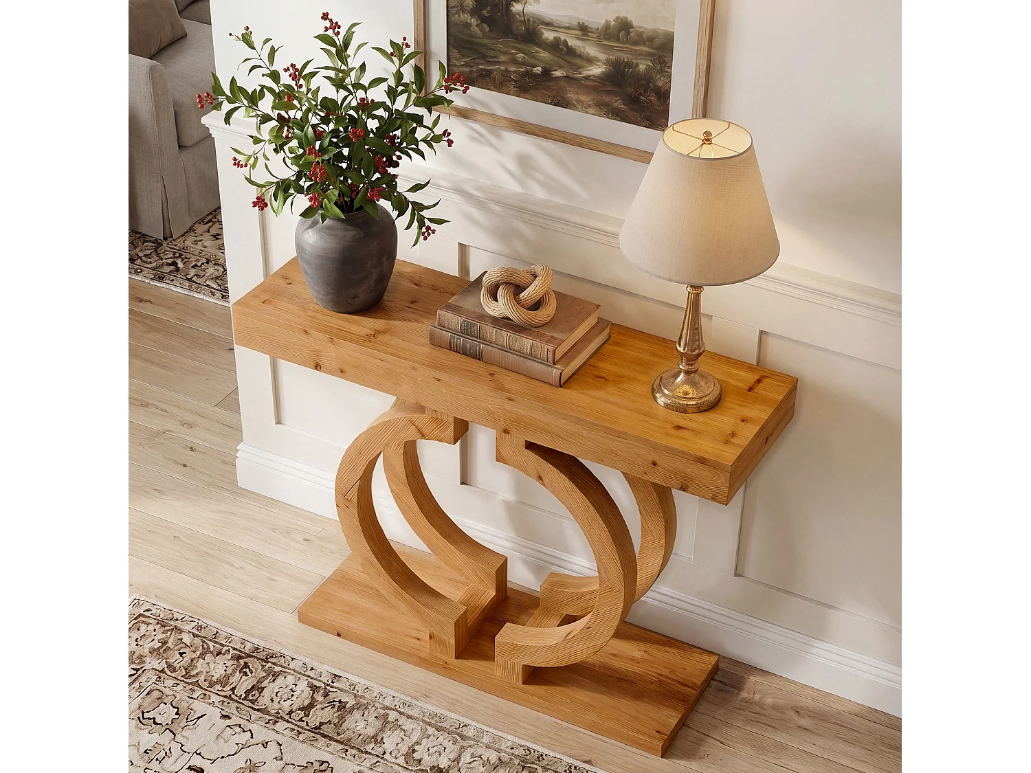Mesa de Consola de Madeira Sólida, Mesa de Entrada de Madeira Natural de 110cm com Base Artística de Círculo Duplo