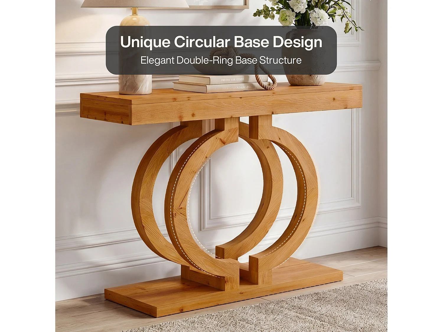 Mesa de Consola de Madeira Sólida, Mesa de Entrada de Madeira Natural de 110cm com Base Artística de Círculo Duplo