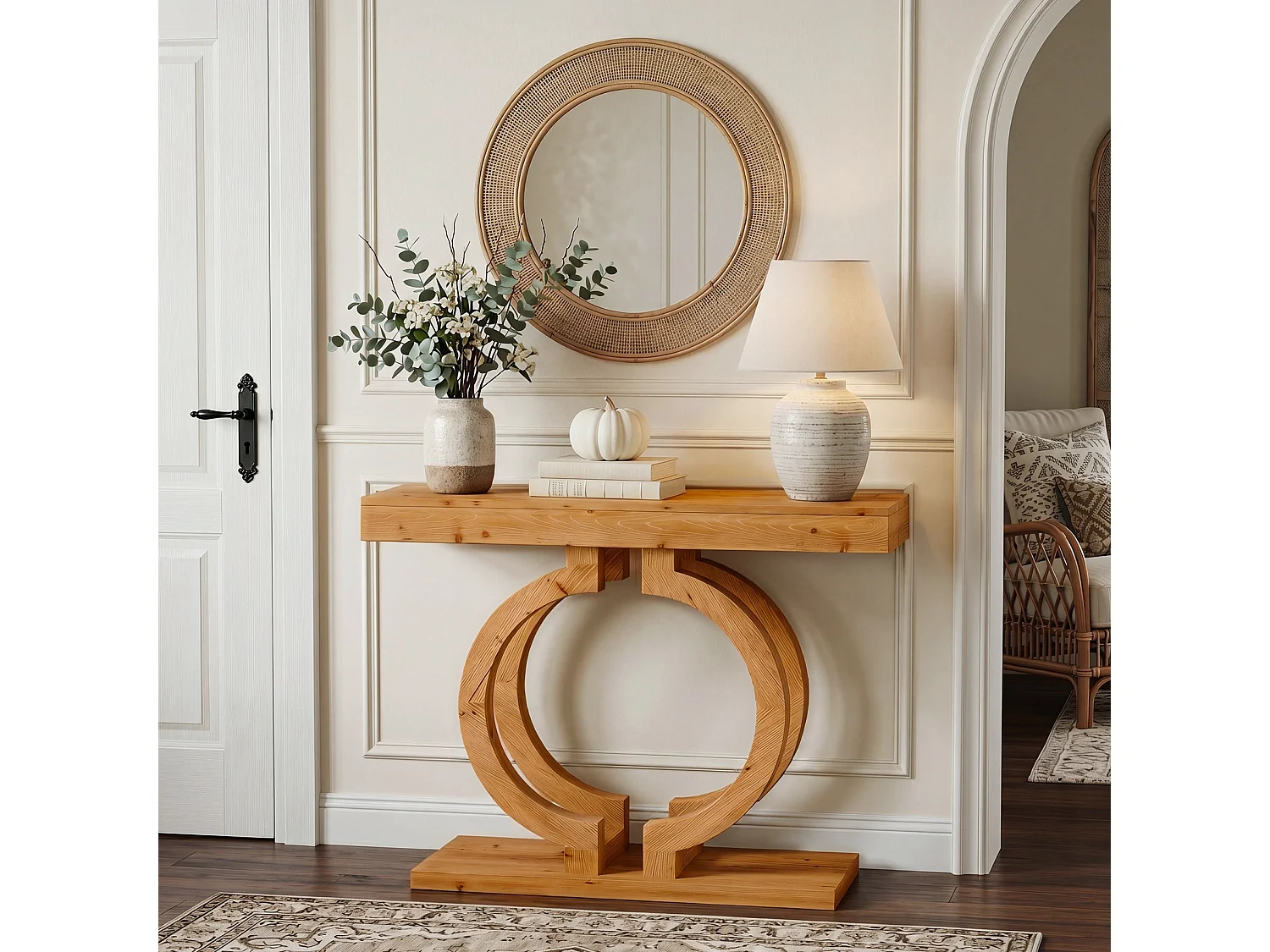 Mesa de Consola de Madeira Sólida, Mesa de Entrada de Madeira Natural de 110cm com Base Artística de Círculo Duplo
