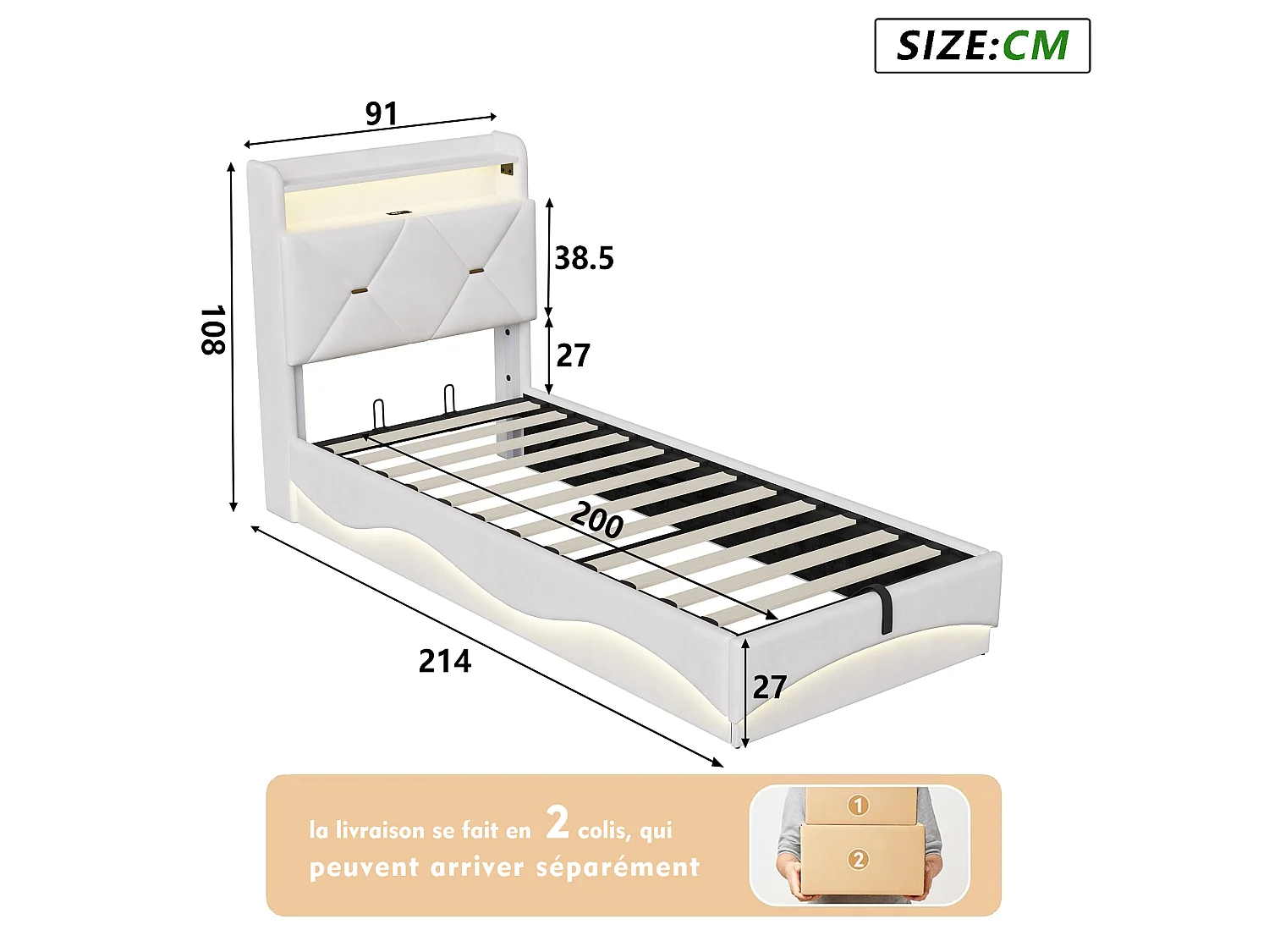 Lit coffre 90x200 cm beige avec tête de lit rembourrée, lit double avec grand rangement, LED intégrée et ports USB, sommier relevable