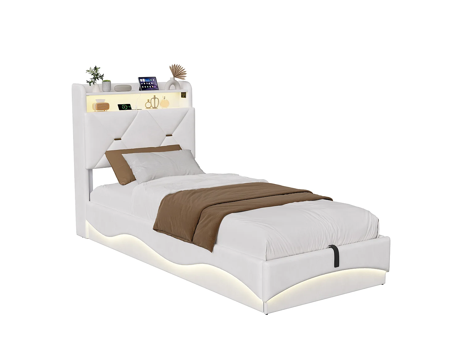 Lit coffre 90x200 cm beige avec tête de lit rembourrée, lit double avec grand rangement, LED intégrée et ports USB, sommier relevable