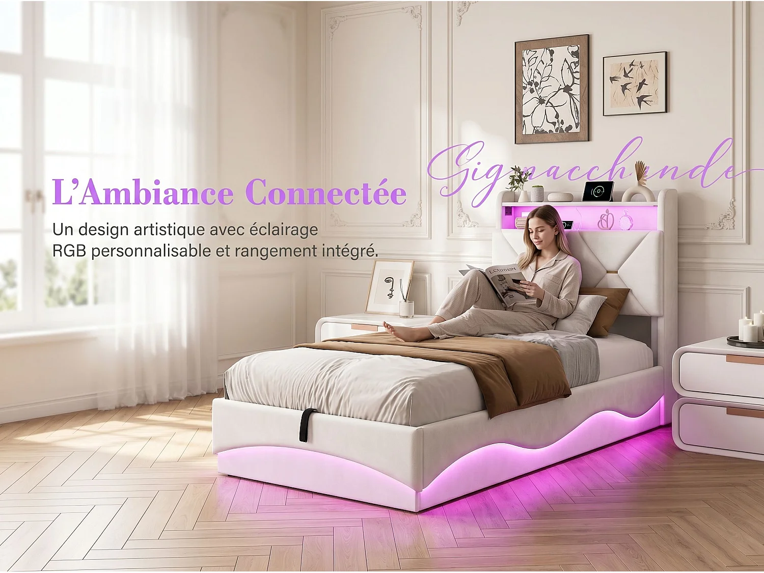 Lit coffre 90x200 cm beige avec tête de lit rembourrée, lit double avec grand rangement, LED intégrée et ports USB, sommier relevable