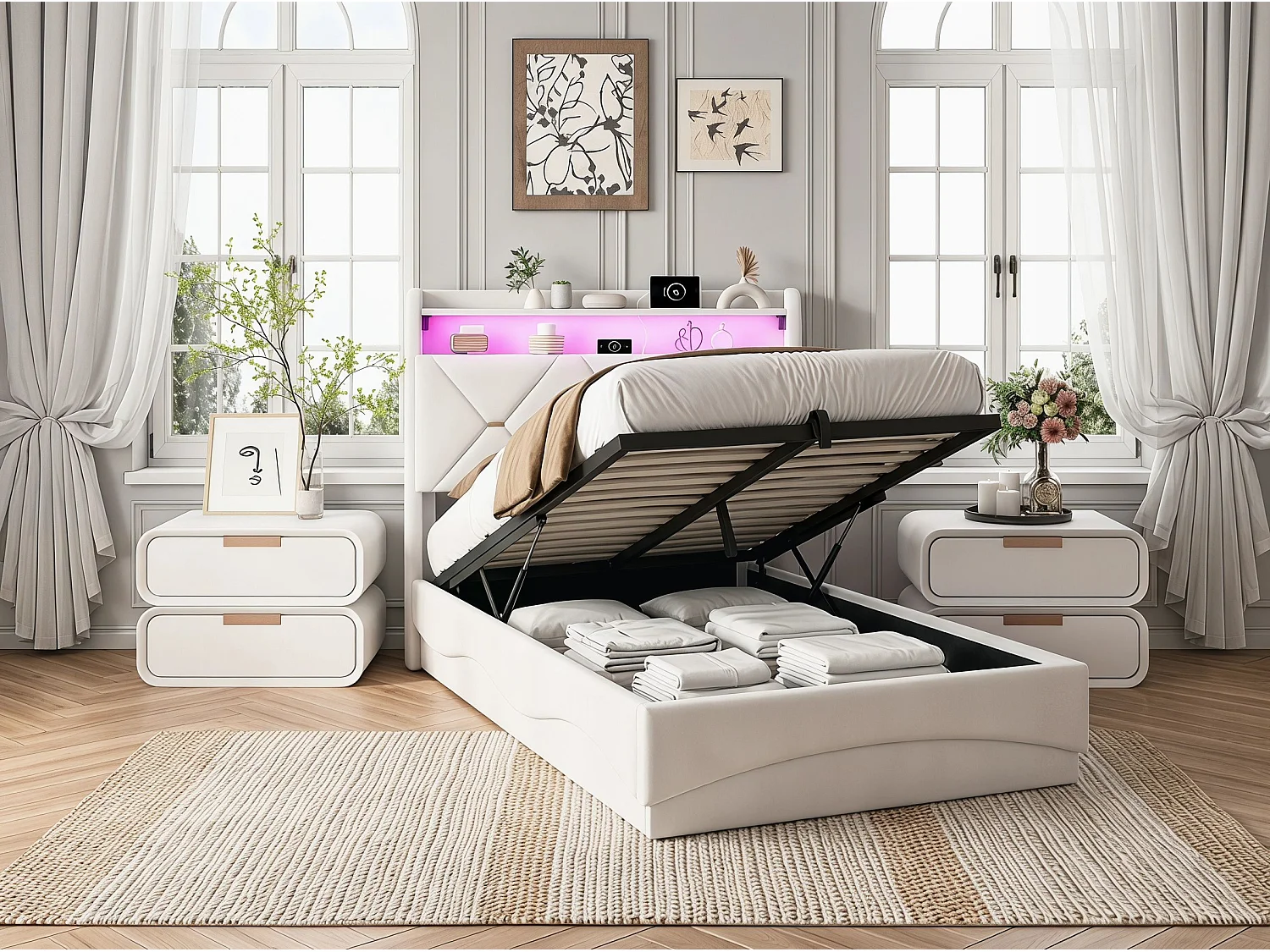 Lit coffre 90x200 cm beige avec tête de lit rembourrée, lit double avec grand rangement, LED intégrée et ports USB, sommier relevable