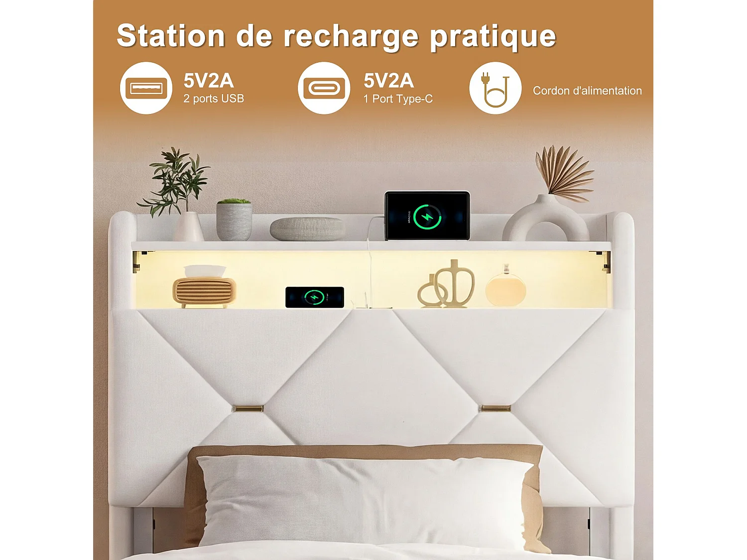 Lit coffre 90x200 cm beige avec tête de lit rembourrée, lit double avec grand rangement, LED intégrée et ports USB, sommier relevable