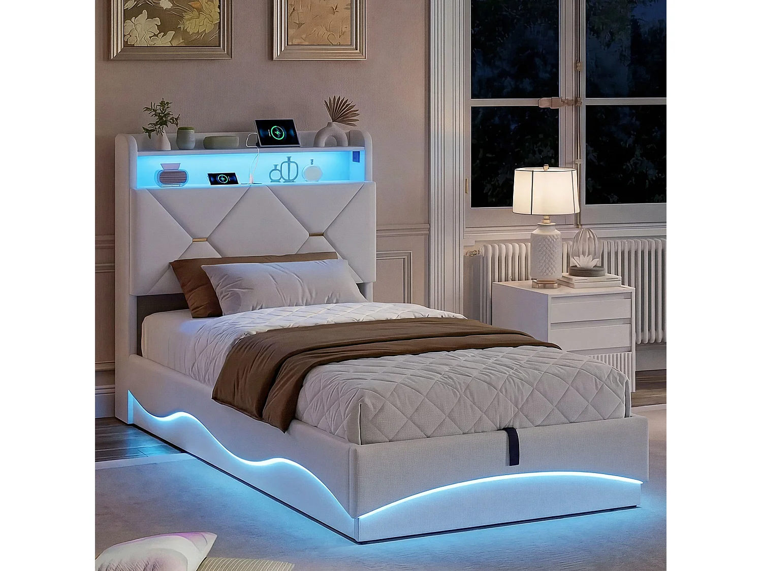 Lit coffre 90x200 cm beige avec tête de lit rembourrée, lit double avec grand rangement, LED intégrée et ports USB, sommier relevable