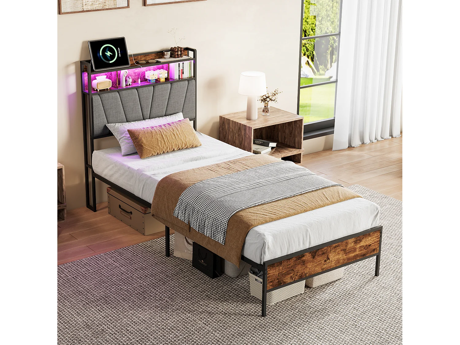 Cadre de lit 90x200 avec Sommier Métal- Lit 1 Personnes avec Lumières LED et 2 Ports USB/Type-C- Tête de lit avec rangement -Gris