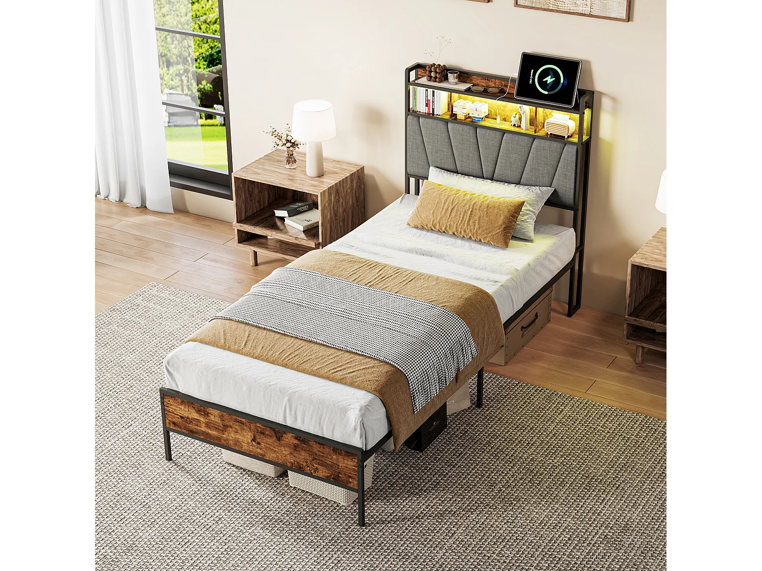 Cadre de lit 90x200 avec Sommier Métal- Lit 1 Personnes avec Lumières LED et 2 Ports USB/Type-C- Tête de lit avec rangement -Gris