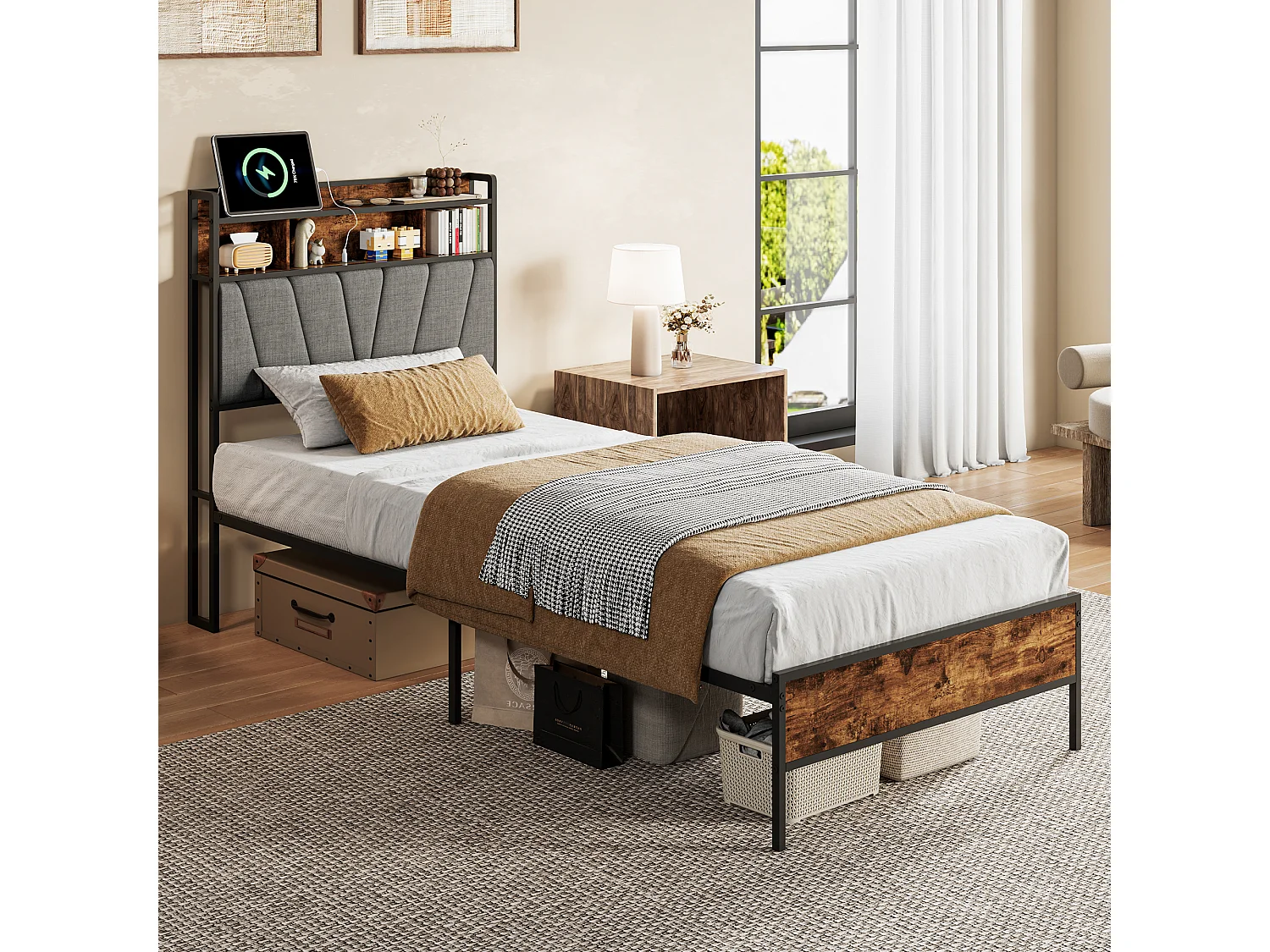 Cadre de lit 90x200 avec Sommier Métal- Lit 1 Personnes avec Lumières LED et 2 Ports USB/Type-C- Tête de lit avec rangement -Gris