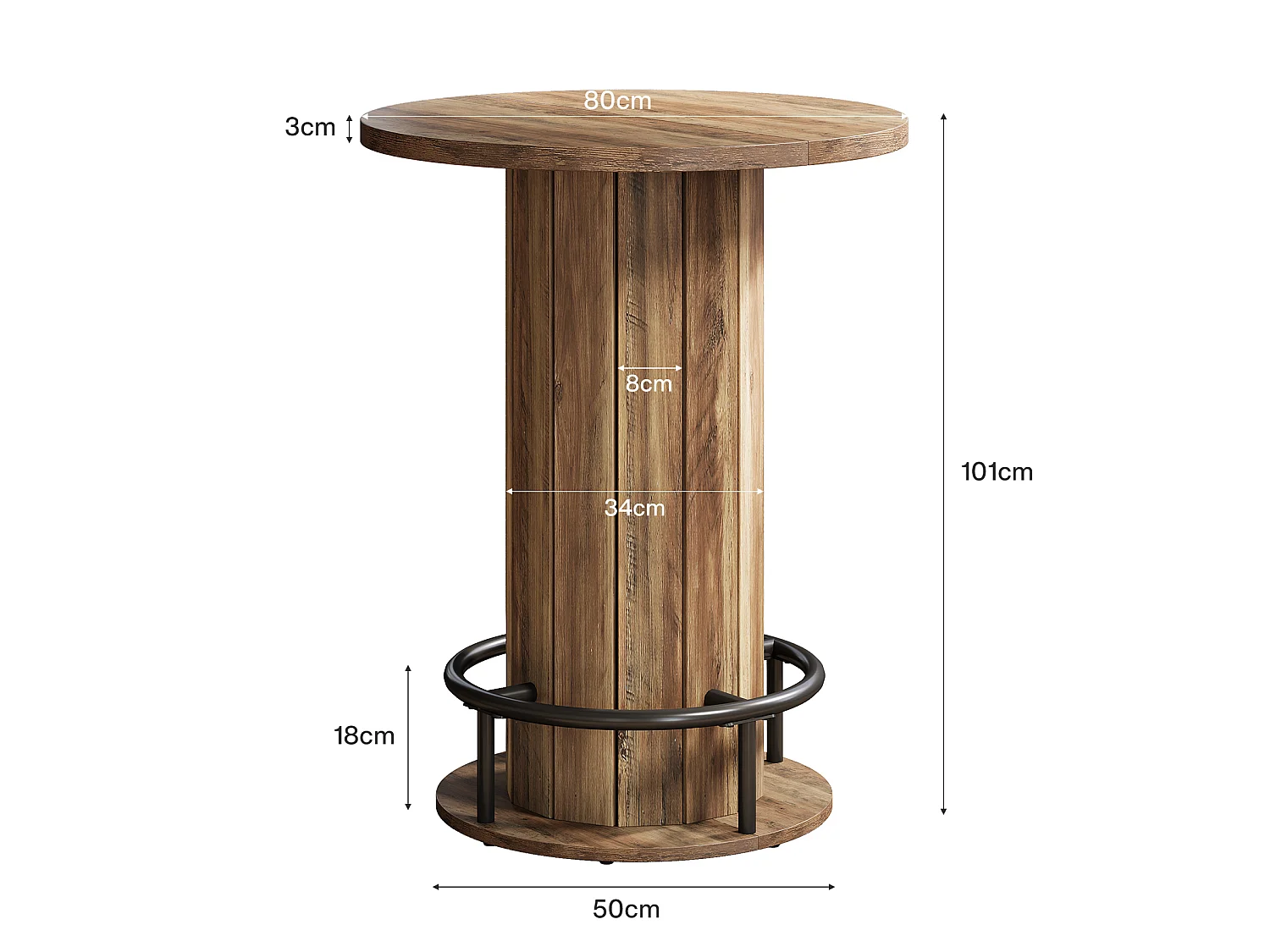 Table de bar ronde, table haute avec repose-pieds annulaire en métal, table de bistrot, 80 x 80 x 100 cm, marron