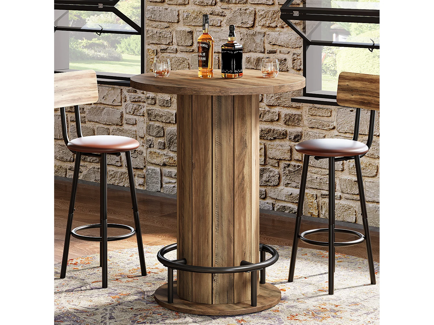 Table de bar ronde, table haute avec repose-pieds annulaire en métal, table de bistrot, 80 x 80 x 100 cm, marron