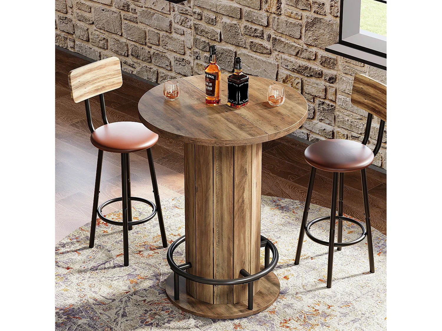 Table de bar ronde, table haute avec repose-pieds annulaire en métal, table de bistrot, 80 x 80 x 100 cm, marron