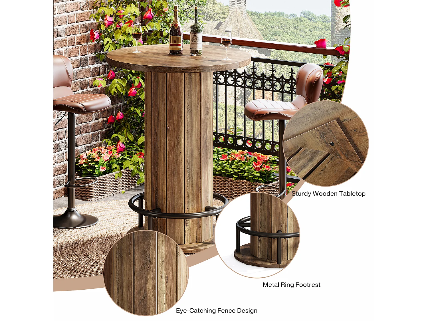 Table de bar ronde, table haute avec repose-pieds annulaire en métal, table de bistrot, 80 x 80 x 100 cm, marron