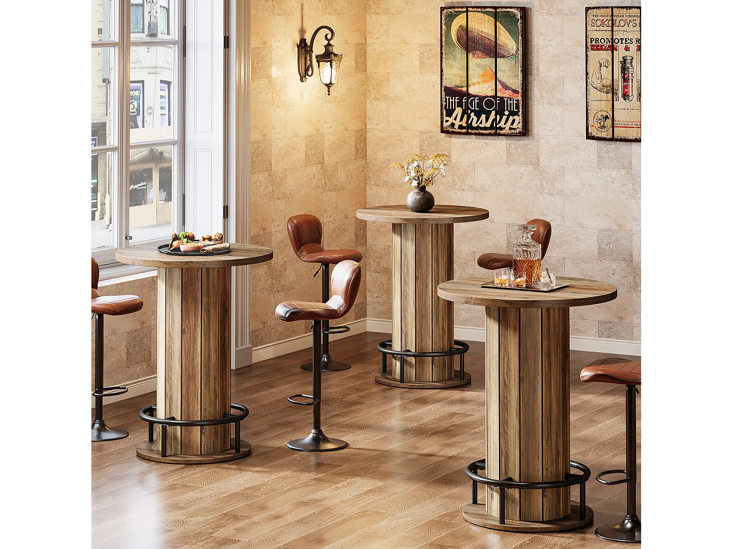Table de bar ronde, table haute avec repose-pieds annulaire en métal, table de bistrot, 80 x 80 x 100 cm, marron