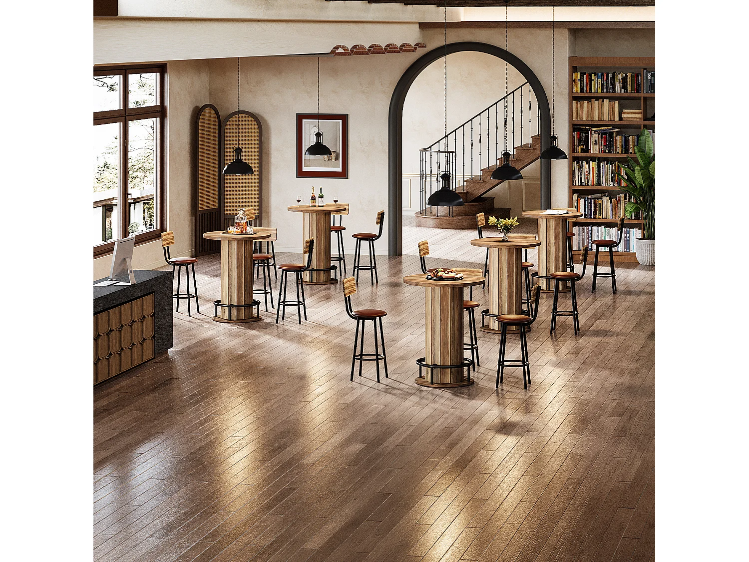 Table de bar ronde, table haute avec repose-pieds annulaire en métal, table de bistrot, 80 x 80 x 100 cm, marron