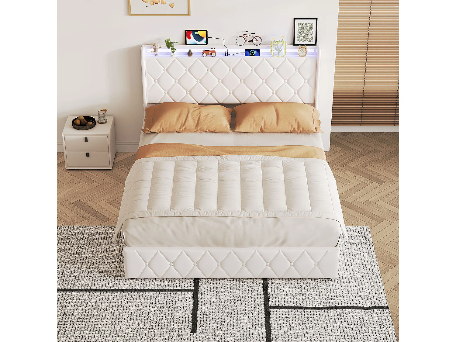 Opbergbed 160x200 met LED-verlichting en USB/Type-C-aansluiting - Gestoffeerd hoofdbord - Tweepersoonsbed met lattenbodem - Wit fluweel - voor volwassenen