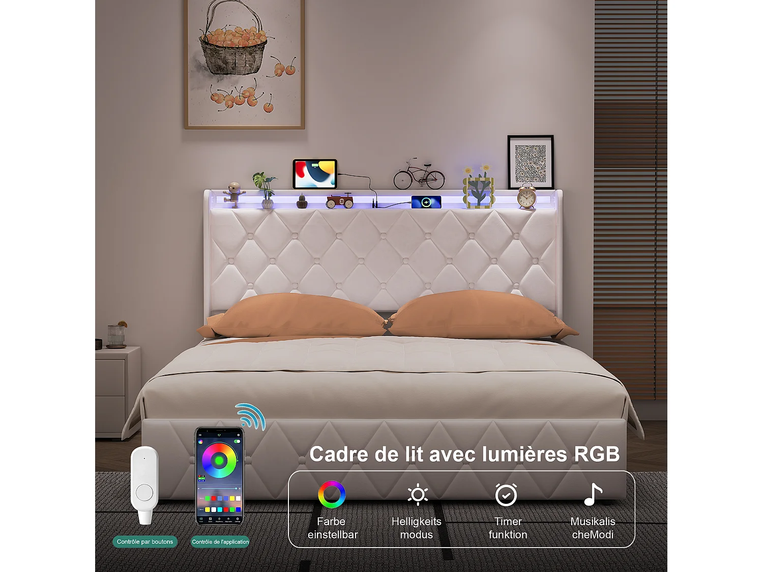 Opbergbed 160x200 met LED-verlichting en USB/Type-C-aansluiting - Gestoffeerd hoofdbord - Tweepersoonsbed met lattenbodem - Wit fluweel - voor volwassenen