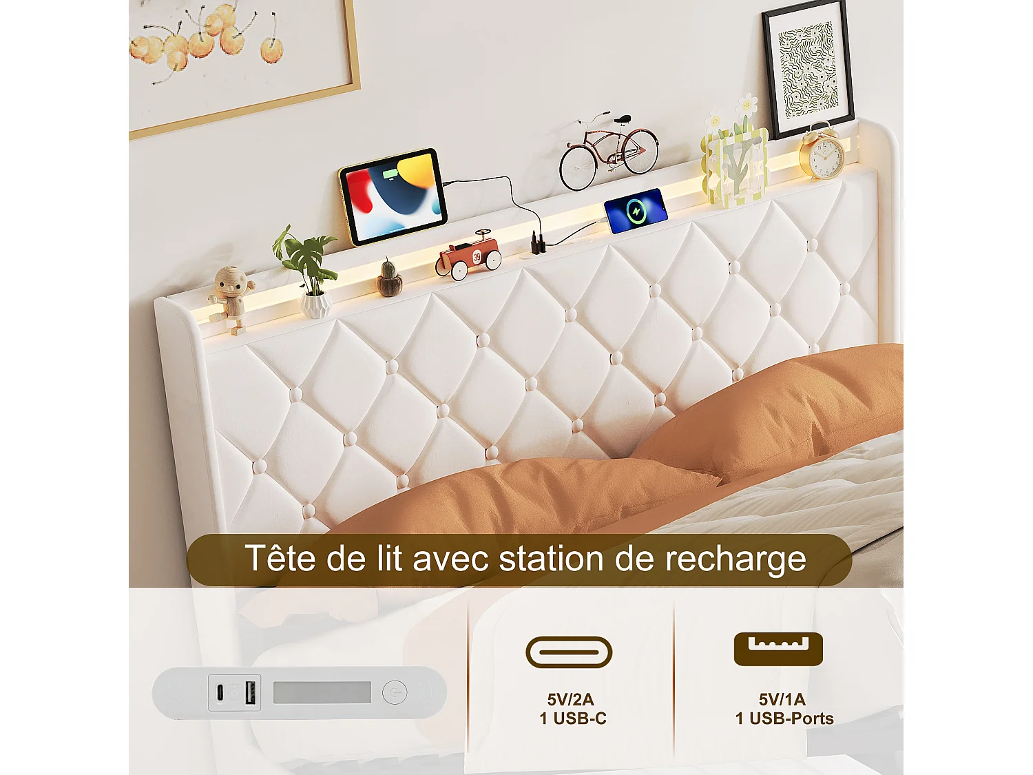 Opbergbed 160x200 met LED-verlichting en USB/Type-C-aansluiting - Gestoffeerd hoofdbord - Tweepersoonsbed met lattenbodem - Wit fluweel - voor volwassenen