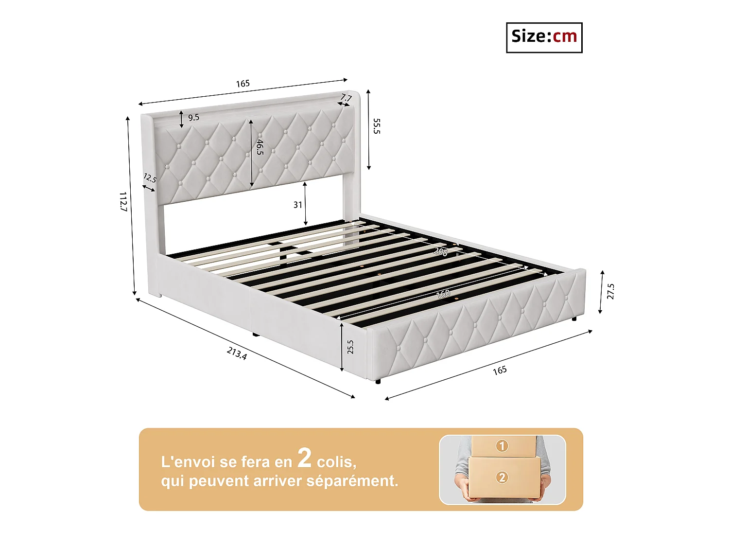 Opbergbed 160x200 met LED-verlichting en USB/Type-C-aansluiting - Gestoffeerd hoofdbord - Tweepersoonsbed met lattenbodem - Wit fluweel - voor volwassenen