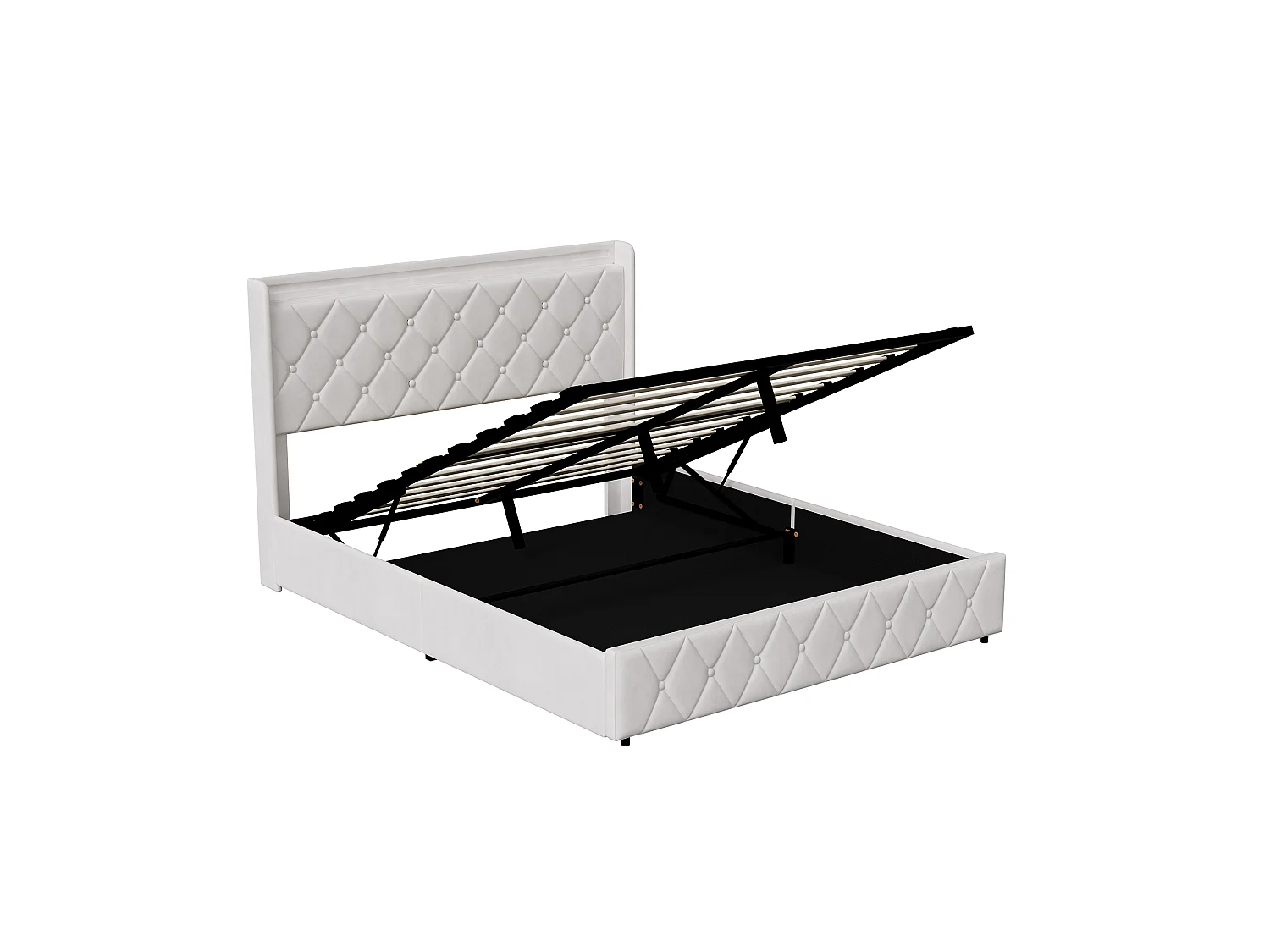 Opbergbed 160x200 met LED-verlichting en USB/Type-C-aansluiting - Gestoffeerd hoofdbord - Tweepersoonsbed met lattenbodem - Wit fluweel - voor volwassenen