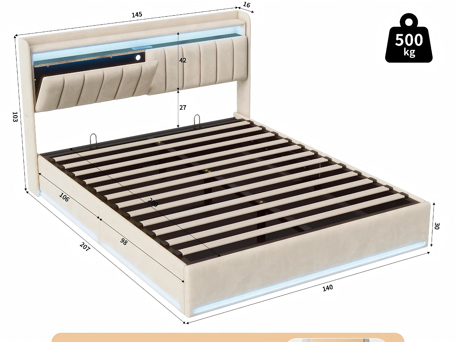 Lit coffre 140x200 cm Beige – lit double rembourré avec tête de lit, LED, prises USB, rangement hydraulique et sommier à lattes