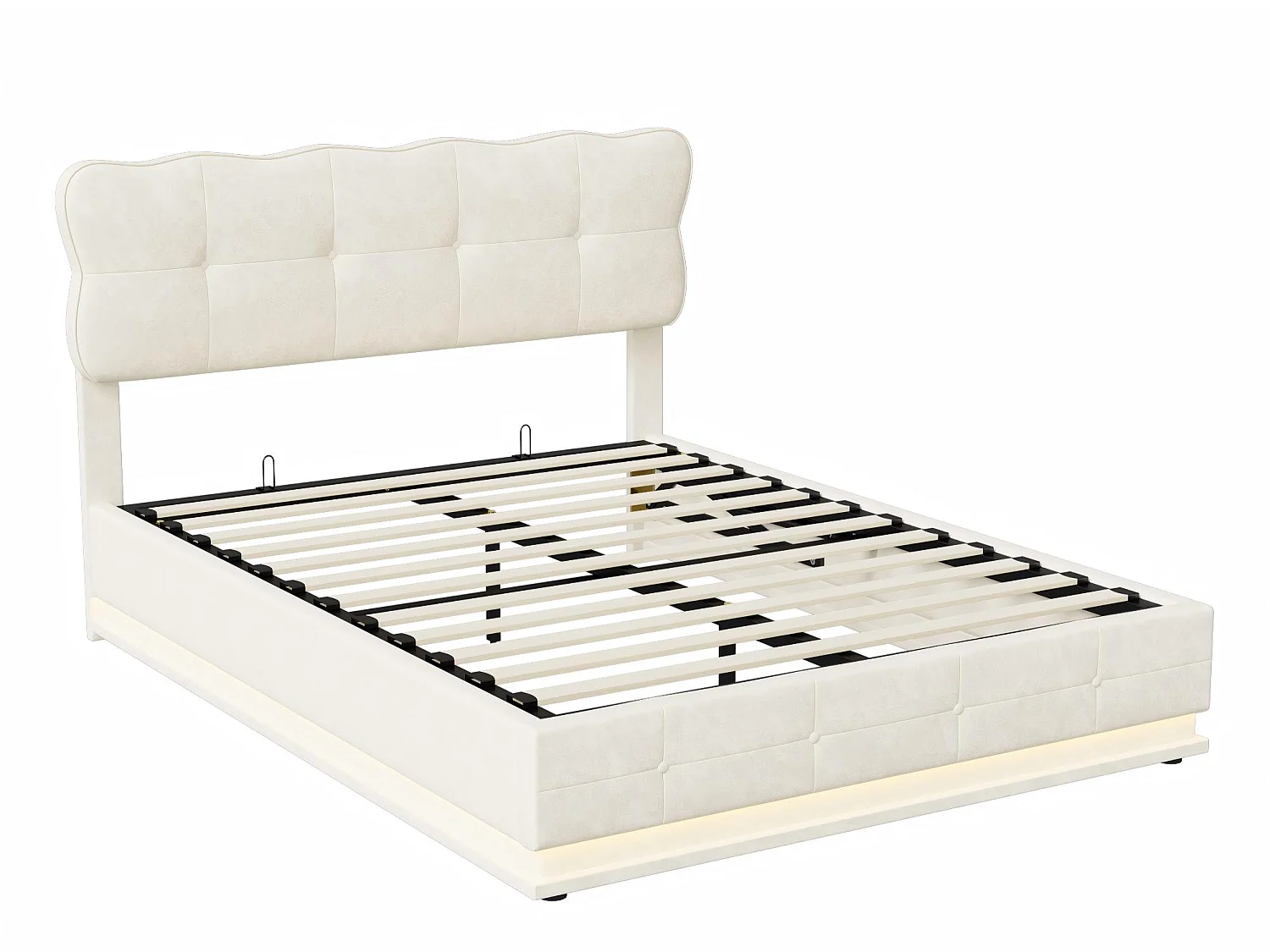 Lit coffre double 140x200 cm beige avec tête de lit rembourrée sommier à lattes rangement hydraulique sous lit et éclairage LED