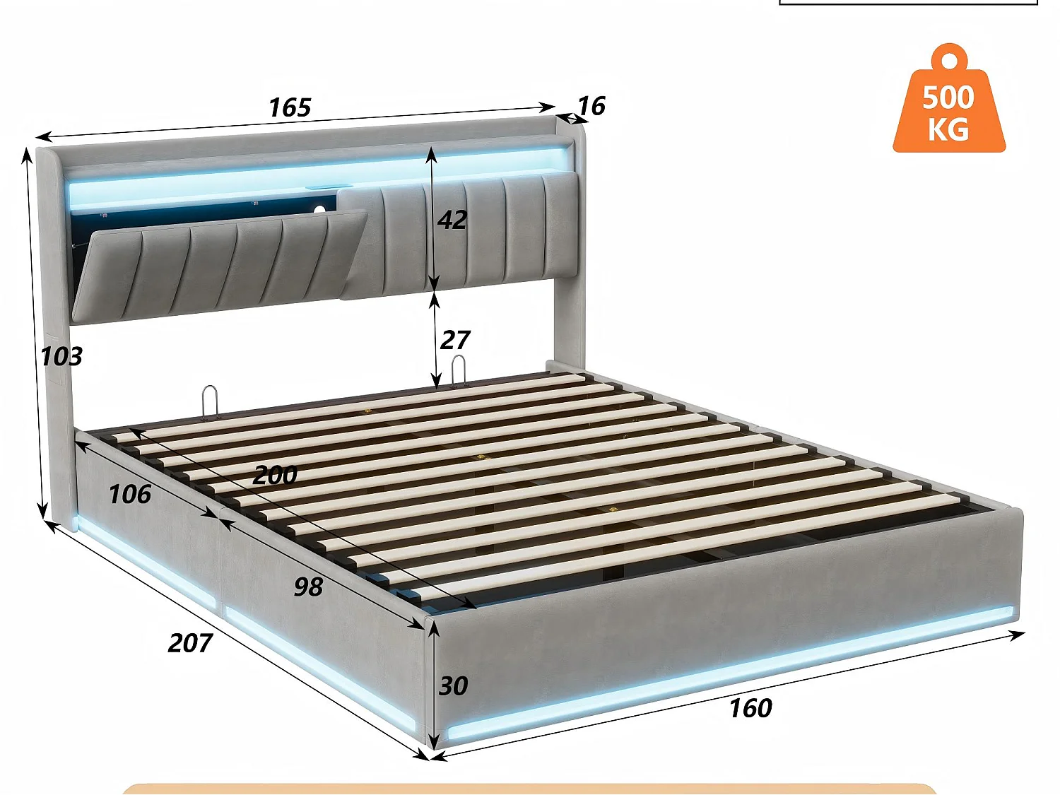 Lit coffre 160x200 cm Gris – lit double rembourré avec tête de lit, LED, prises USB, rangement hydraulique et sommier à lattes