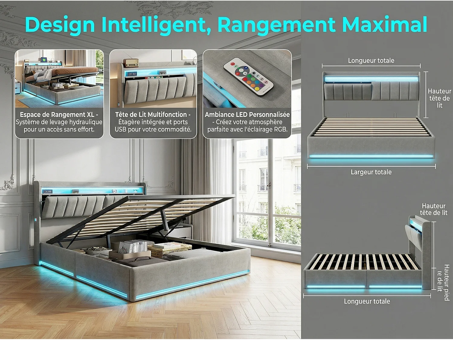 Lit coffre 160x200 cm Gris – lit double rembourré avec tête de lit, LED, prises USB, rangement hydraulique et sommier à lattes