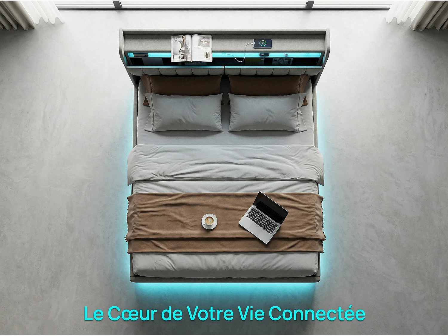 Lit coffre 160x200 cm Gris – lit double rembourré avec tête de lit, LED, prises USB, rangement hydraulique et sommier à lattes