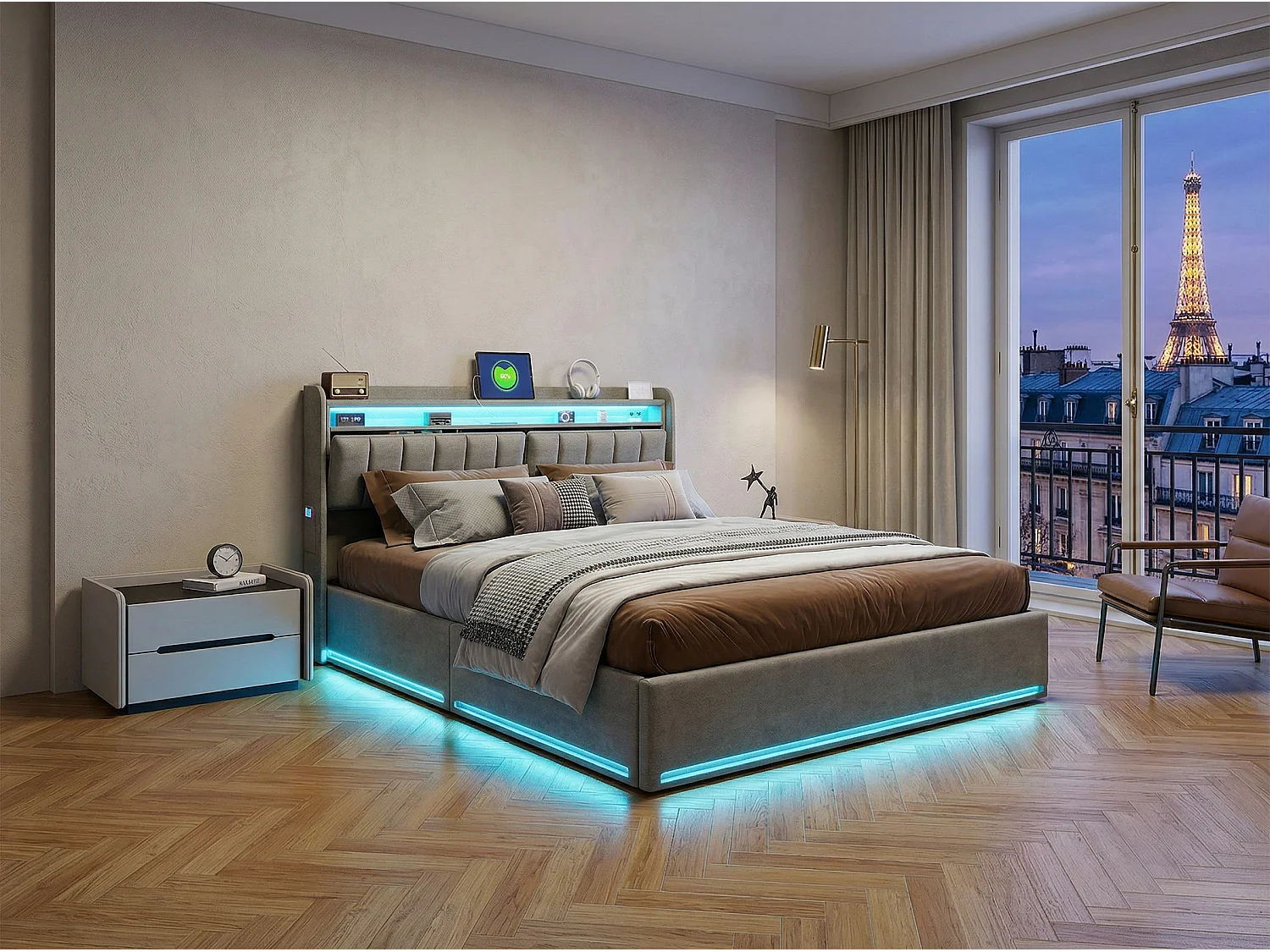 Lit coffre 160x200 cm Gris – lit double rembourré avec tête de lit, LED, prises USB, rangement hydraulique et sommier à lattes