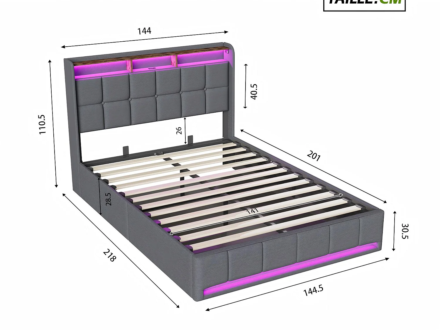 Lit coffre 140x200 cm Gris avec tête de lit rembourrée, LED, prises USB, grand rangement hydraulique et sommier à lattes