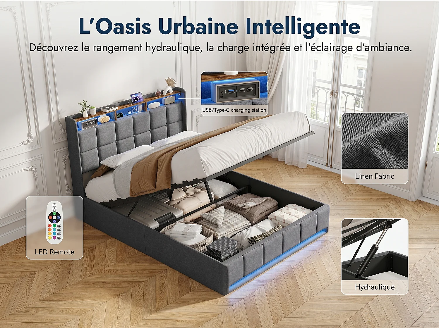 Lit coffre 140x200 cm Gris avec tête de lit rembourrée, LED, prises USB, grand rangement hydraulique et sommier à lattes