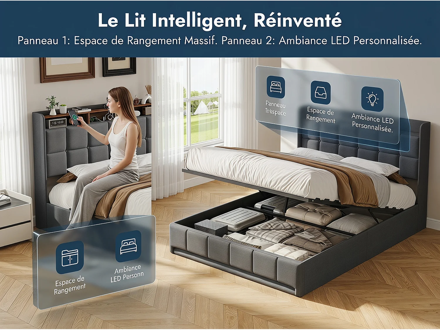 Lit coffre 140x200 cm Gris avec tête de lit rembourrée, LED, prises USB, grand rangement hydraulique et sommier à lattes