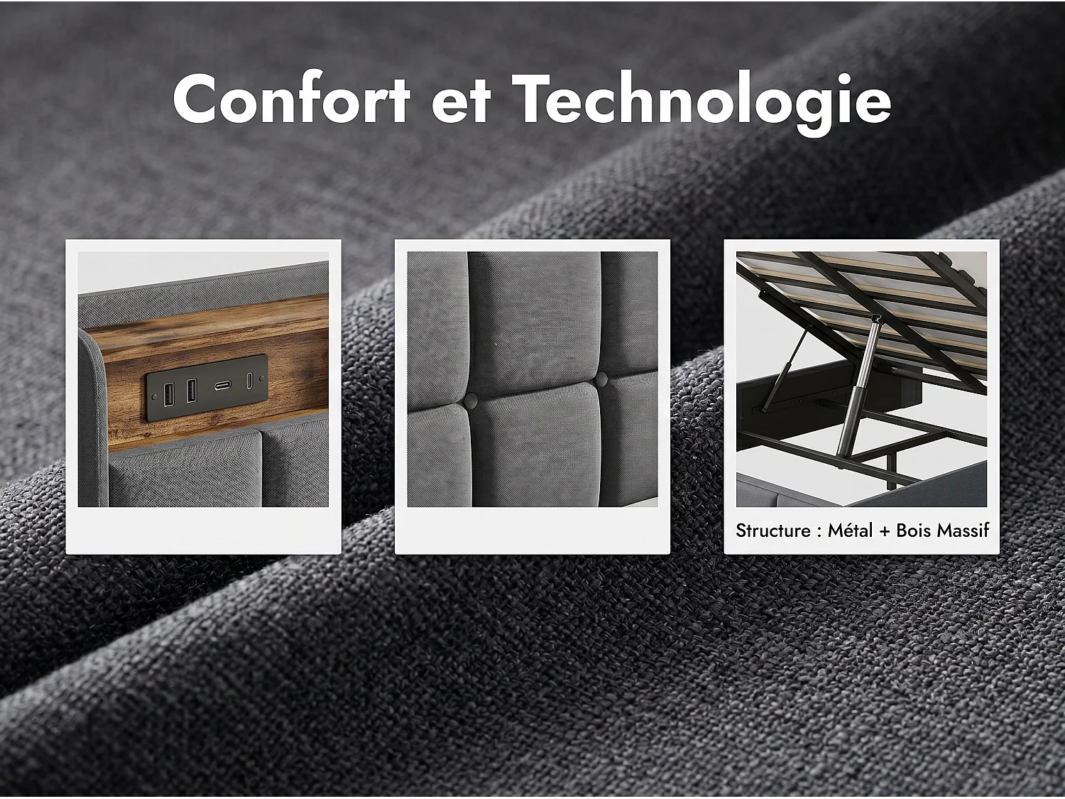 Lit coffre 140x200 cm Gris avec tête de lit rembourrée, LED, prises USB, grand rangement hydraulique et sommier à lattes