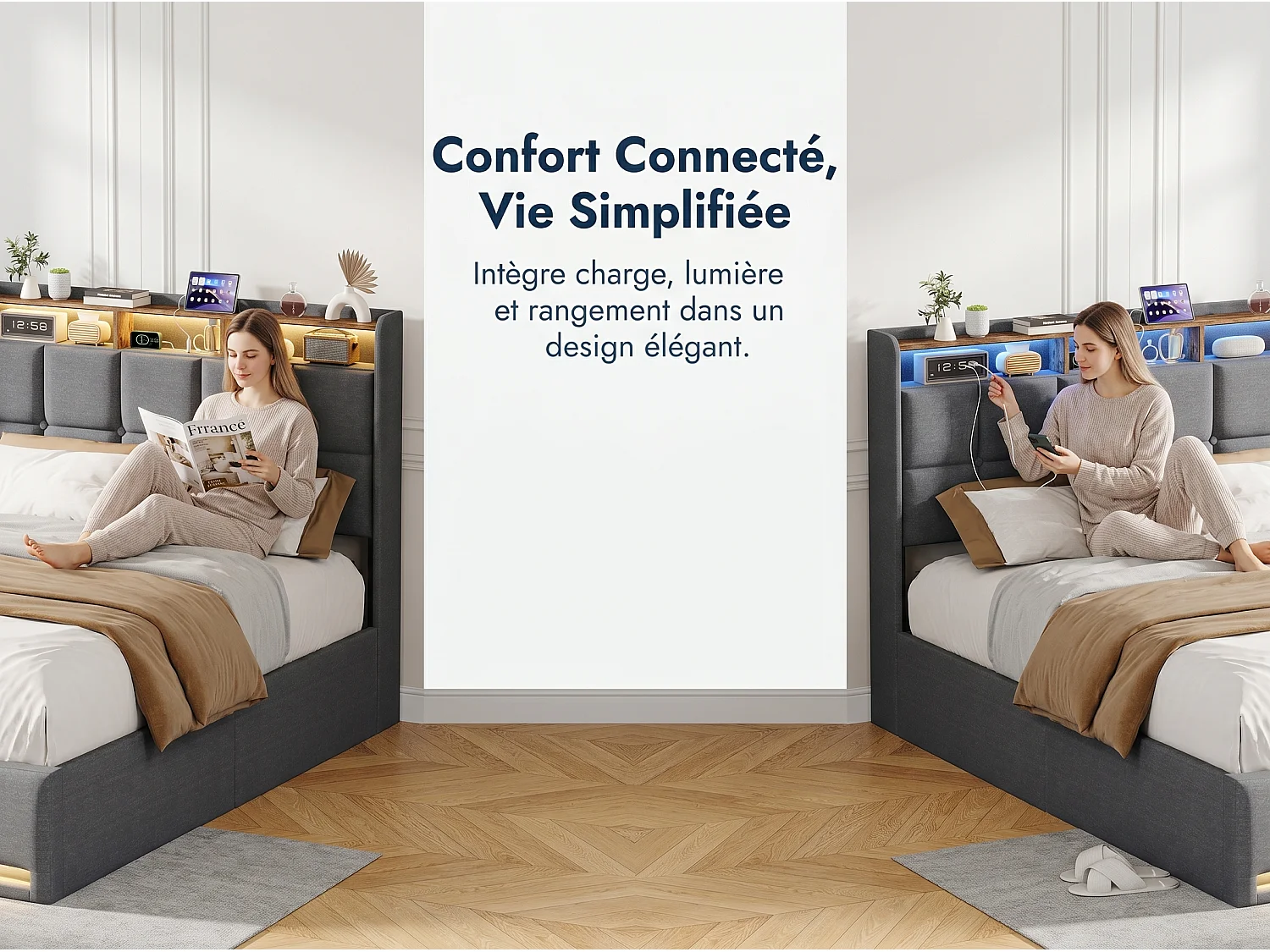 Lit coffre 140x200 cm Gris avec tête de lit rembourrée, LED, prises USB, grand rangement hydraulique et sommier à lattes