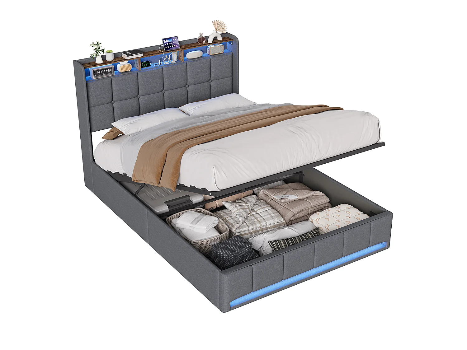 Lit coffre 140x200 cm Gris avec tête de lit rembourrée, LED, prises USB, grand rangement hydraulique et sommier à lattes