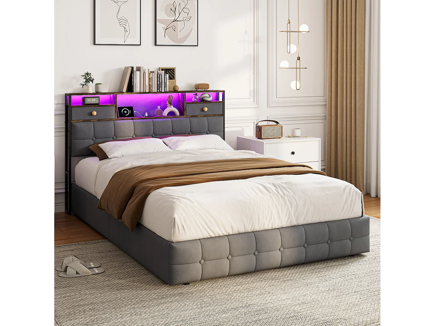Lit coffre 160x200 cm gris avec sommier à lattes, rangement hydraulique, lit double rembourré avec tête de lit et prise USB