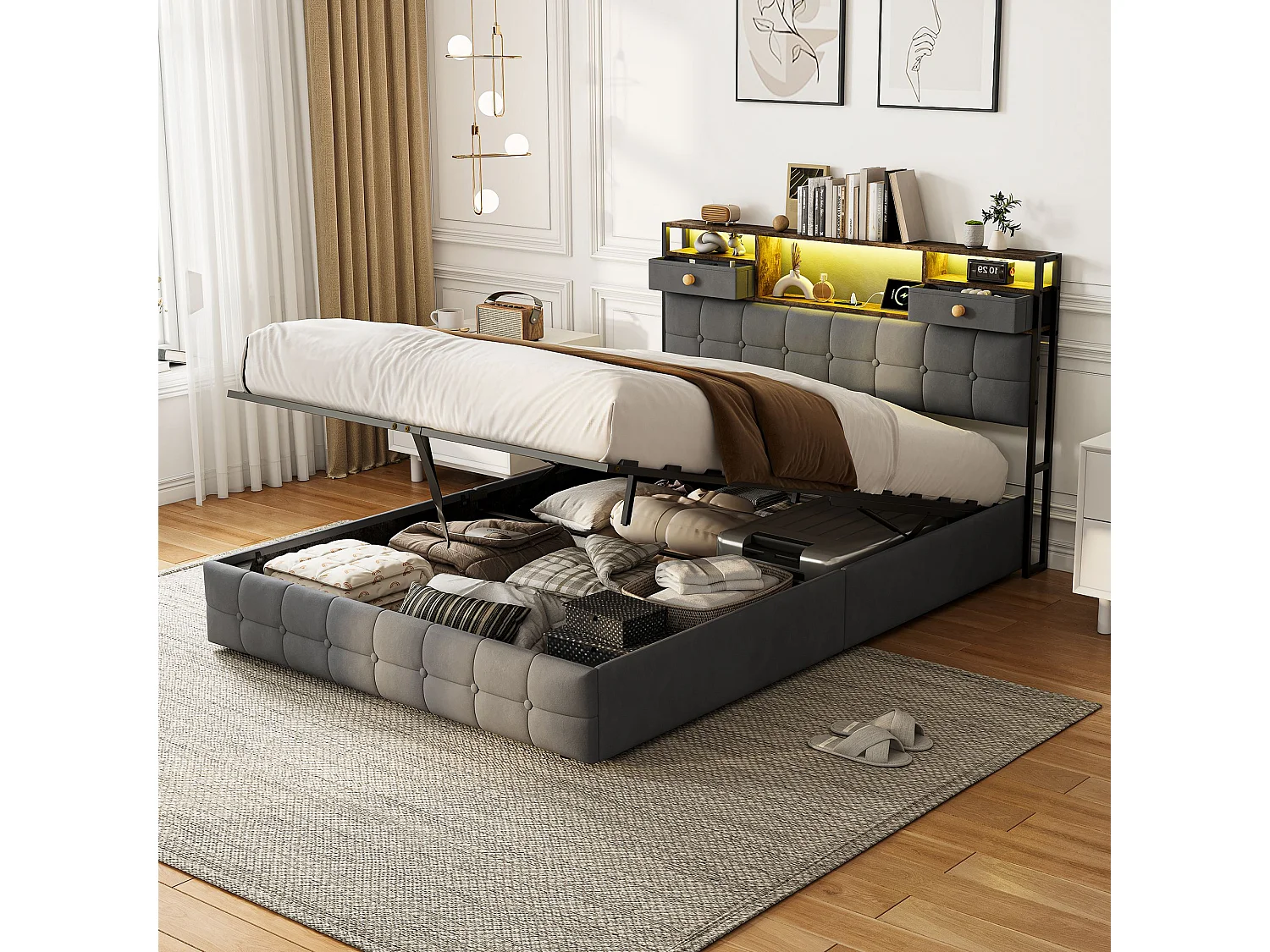 Lit coffre 160x200 cm gris avec sommier à lattes, rangement hydraulique, lit double rembourré avec tête de lit et prise USB