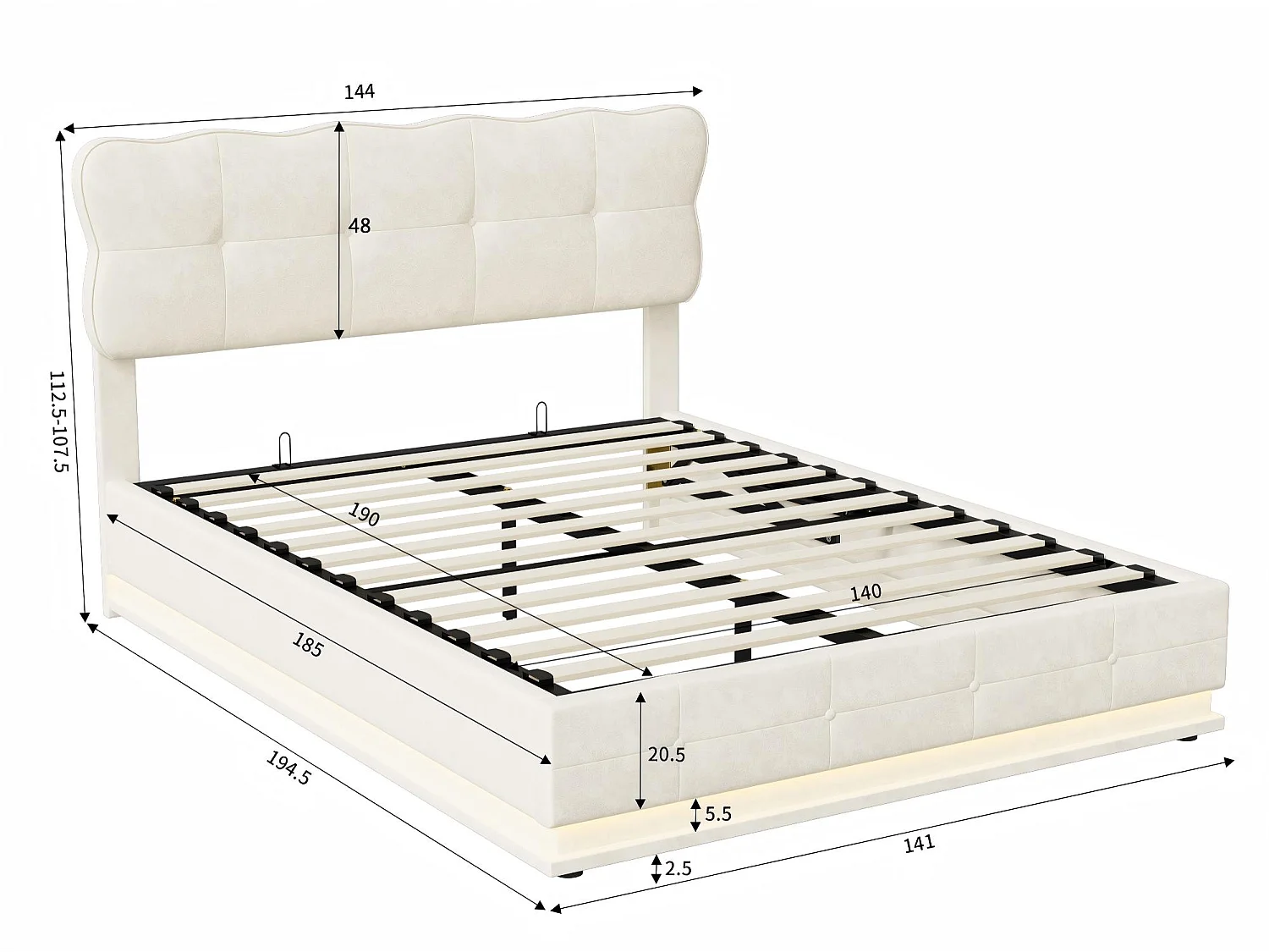 Lit coffre 140x190 cm beige – lit double rembourré avec tête de lit capitonnée LED rangement hydraulique et sommier à lattes